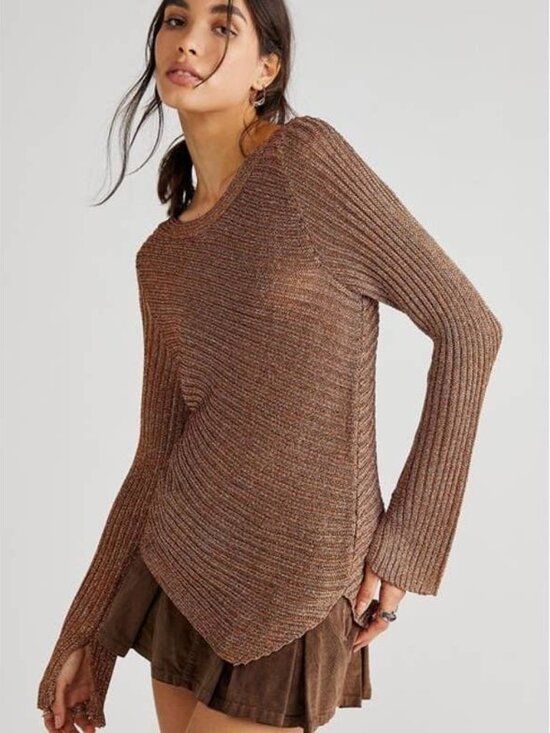 Free People Sweaters - Free People Logan Metallic Knit Asymmetrical Sweater Holiday in Copper/Brown L